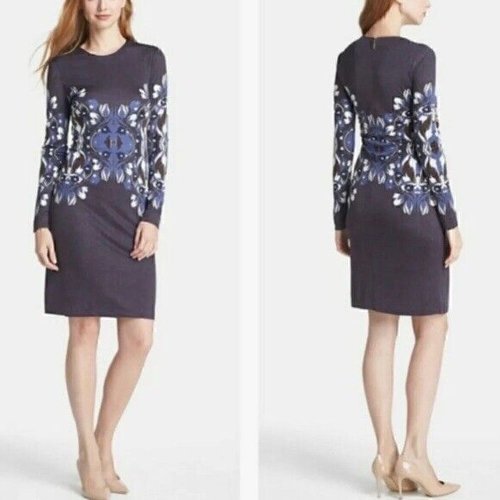 Tory Burch Flavia Blue Multicolored Long Sleeve Silk Dress Size Small